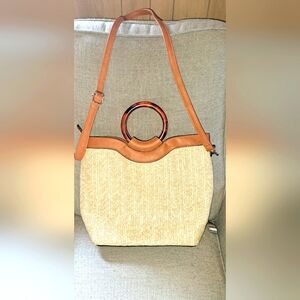 Atrie Straw Bag Purse Fall Tote Tan Beige Top Bakelite Type Handle  Straps